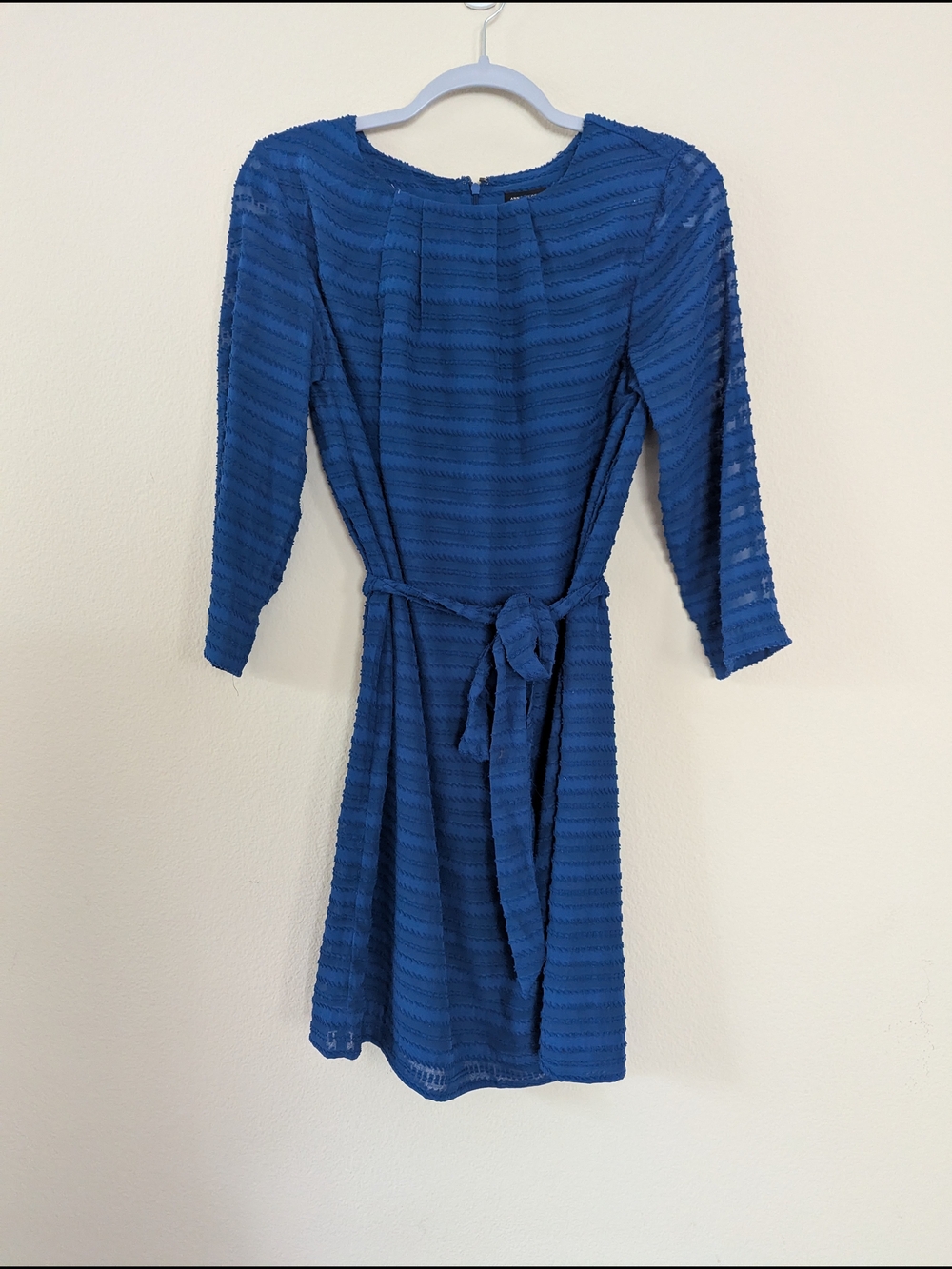 Ann Taylor Royal Blue Textured Long-Sleeve Belted Dress